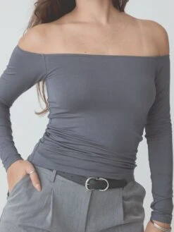 Solid Off The Shoulder Braless Long Sleeve -ChicNest Store 0020 kn9.18.2457145